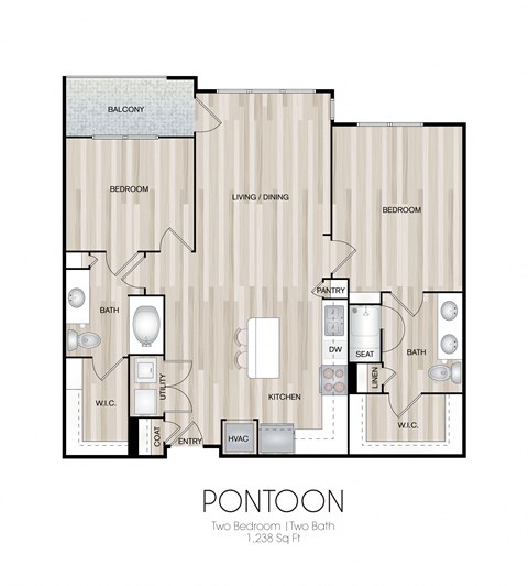 Floor plan for 2 beds, 2 baths, 1238 sqft